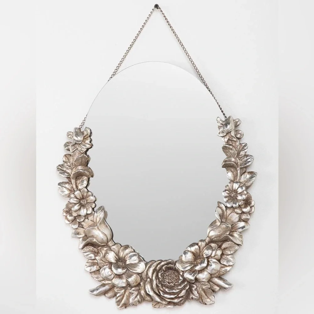 Vintage Look Ornate Silver Floral Oval Vanity Mirror